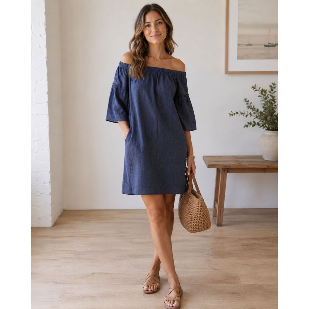 Madewell Off The Shoulder Pin Stripe Bell Sleeve Dress Size 4 Blue Minimalist
